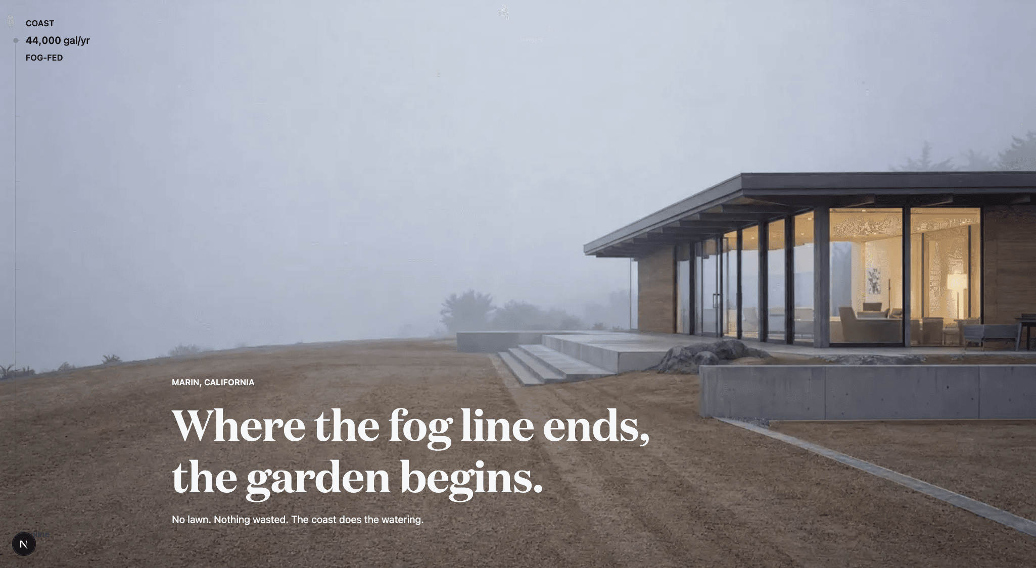 The same brief built with Raven — a fog-wrapped coastal house under the serif headline 'Where the fog line ends, the garden begins.'
