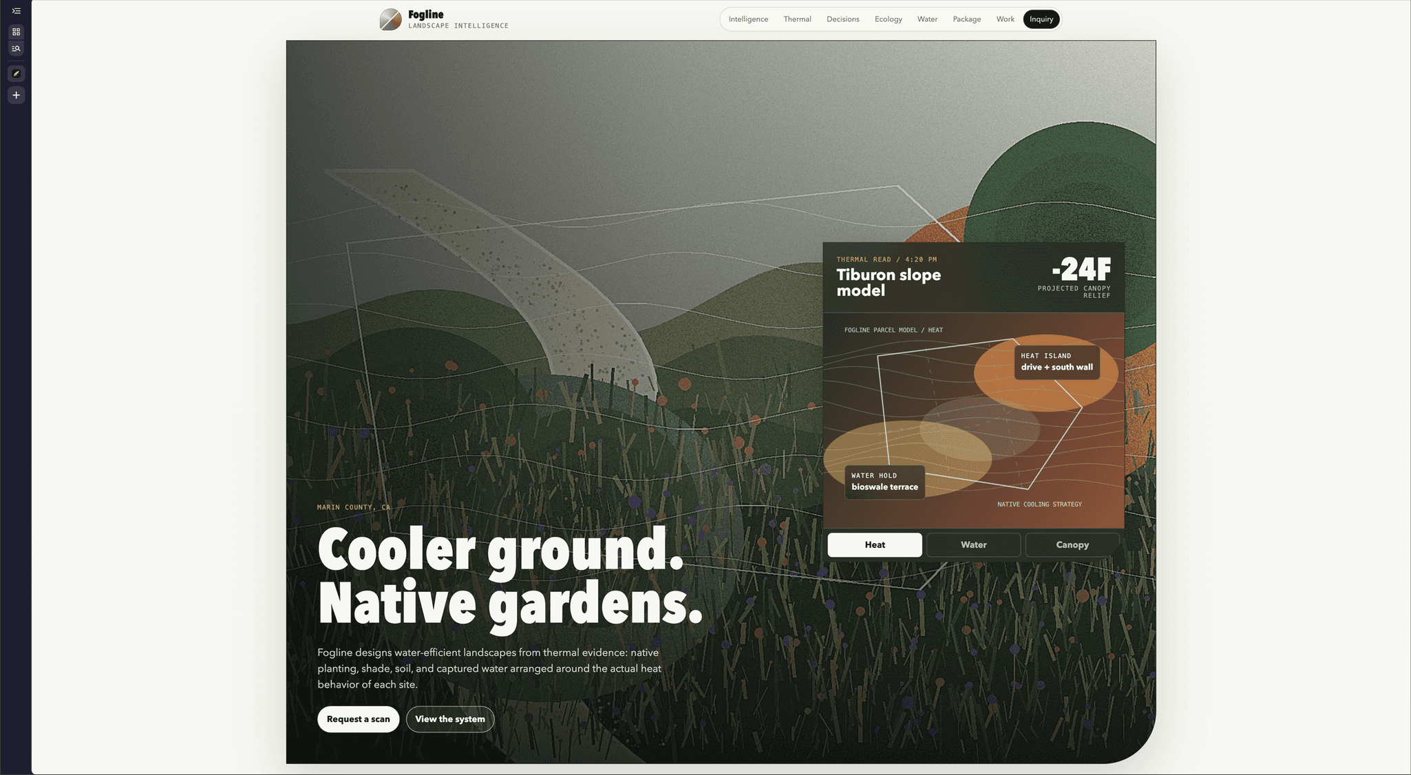 A landscape-architecture brief built without Raven — a dense illustrated hero with full navigation and a thermal-model data card.